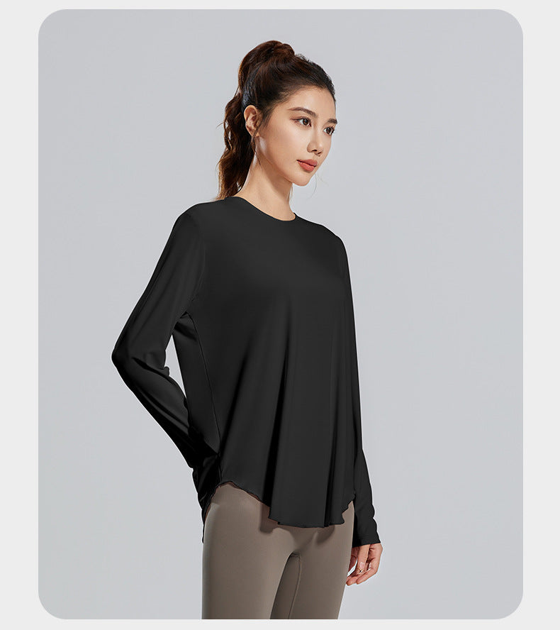 New Ice Silk Yoga Cover-Up, Round Neck, Loose Fit, Breathable & Versatile Long Sleeve Sports Yoga Shirt for Women