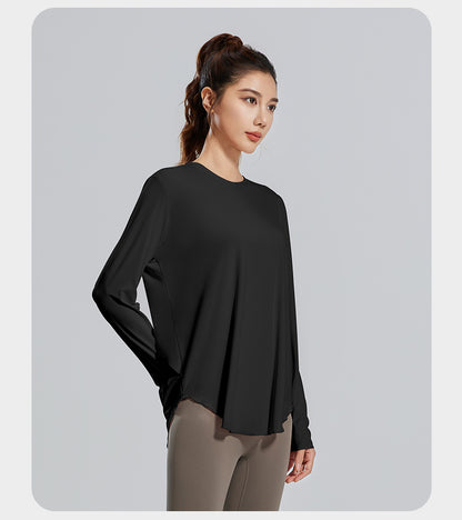New Ice Silk Yoga Cover-Up, Round Neck, Loose Fit, Breathable & Versatile Long Sleeve Sports Yoga Shirt for Women