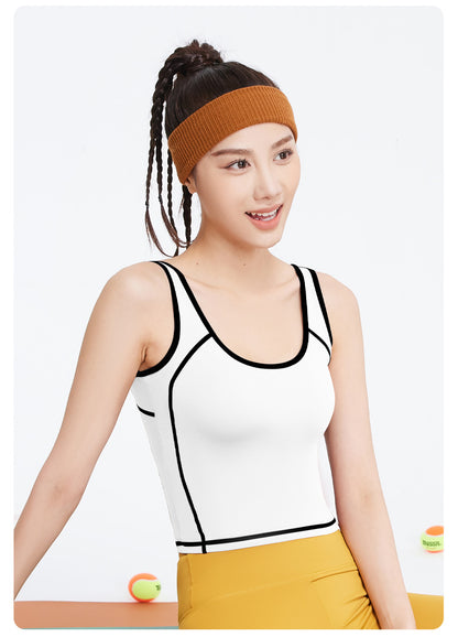Peach Curve U-Neck Yoga Tank Top, High Stretch One-piece Fixed Cup Shockproof Push Up Color Block Sports Vest