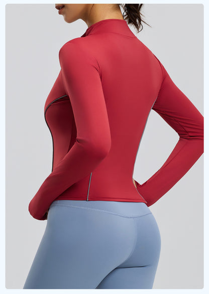 Women's Slim Fit Stand Collar Yoga Jacket, Peach Hip Design, Reflective Detail, Stylish Outdoor Fitness Coat