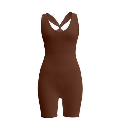 V-Neck Tight One-Piece Shorts, Cross Beauty Back Sports Jumpsuit With Built-In Chest Pads for Running