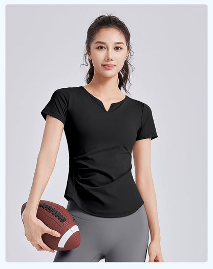 New Summer Women V-Neck Ruched Yoga Short Sleeve Top with Built-in Shelf Bra, Slim Fit Stretch Sports Fitness T-Shirt, Sweat-Wicking Athletic Tee for Running, Gym Training & Daily Active Wear
