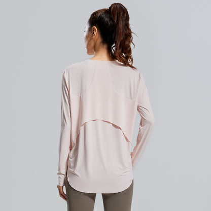 New Ice Silk Yoga Cover-Up, Round Neck, Loose Fit, Breathable & Versatile Long Sleeve Sports Yoga Shirt for Women
