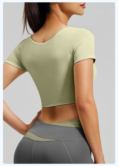 Women's Color Block Yoga Short Sleeve, Slim Fit Workout Top with Built-in Bra