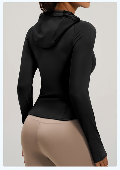 Women's New Spring Hooded Yoga Jacket with Pockets, Slim Fit Workout Sports Coat