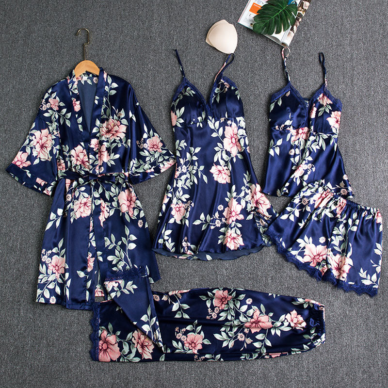 Girls' Battleship Spring/Summer sleepwear, Women's Sensual Five-Piece Silk Thin Nightgown with Padded Bra