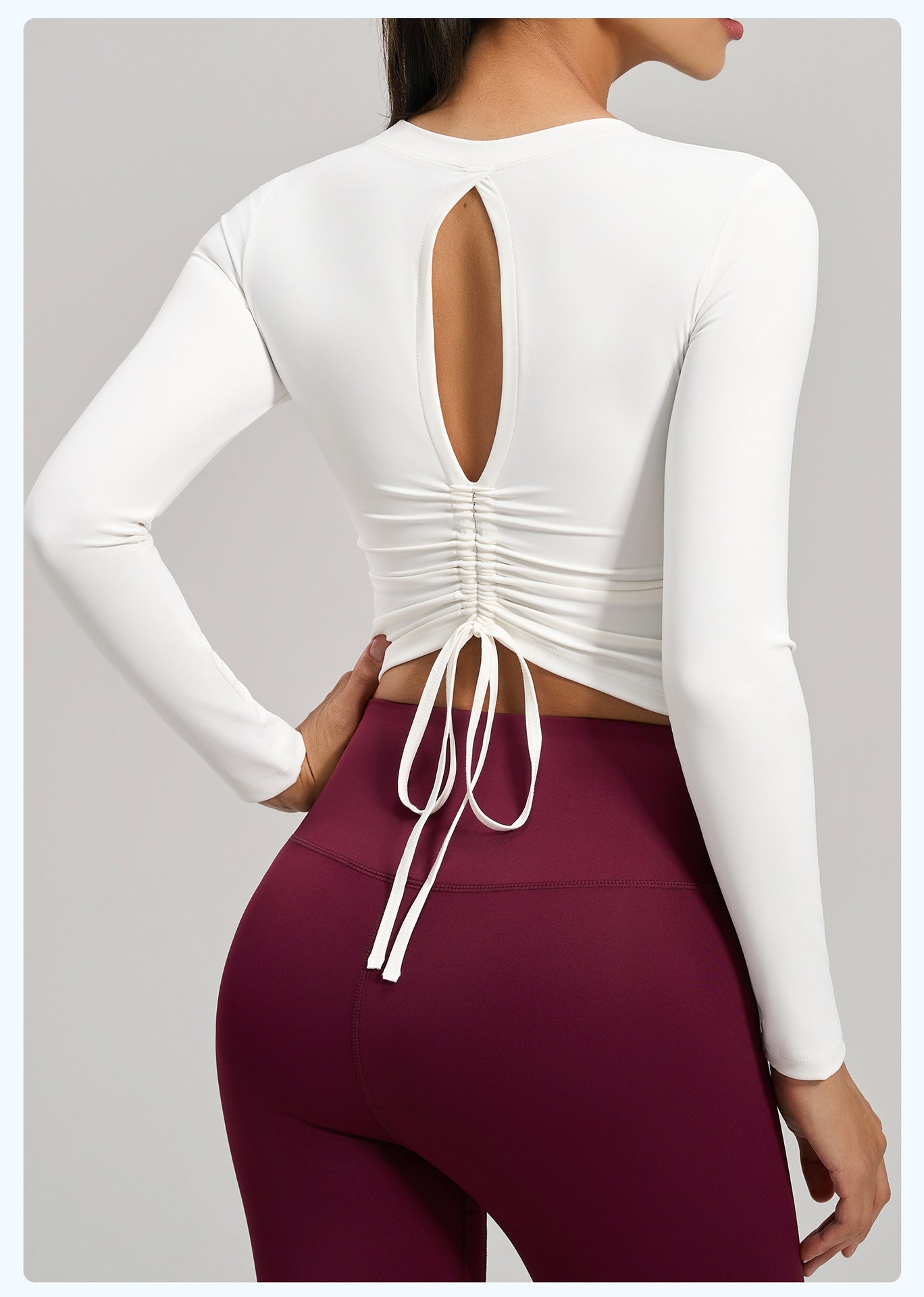 Women's New Ruched Slim Fit Long Sleeve Yoga Top, Beauty Back Design With Built-in Pads For Running Fitness
