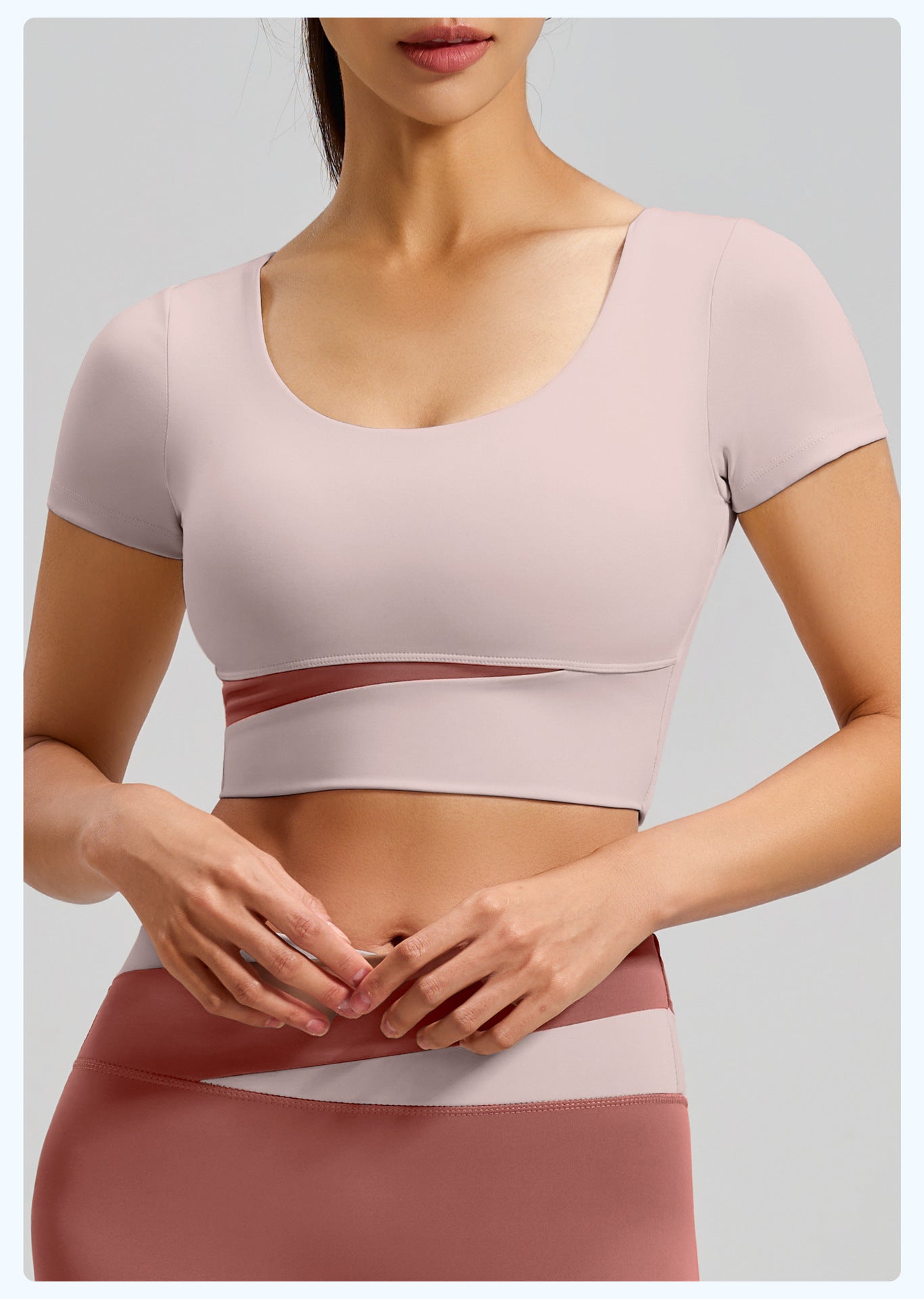 Women's Color Block Yoga Short Sleeve, Slim Fit Workout Top with Built-in Bra