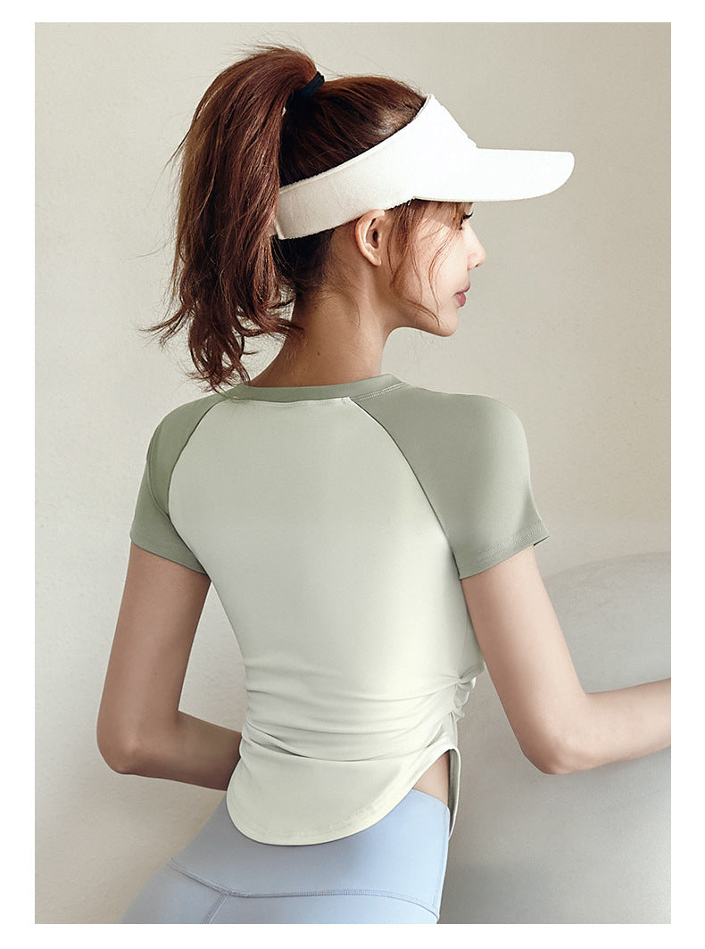 Women's Color Block Ruched Yoga Top | Slimming Waist, Naked-Sense Fabric, Sports & Outdoor Fitness