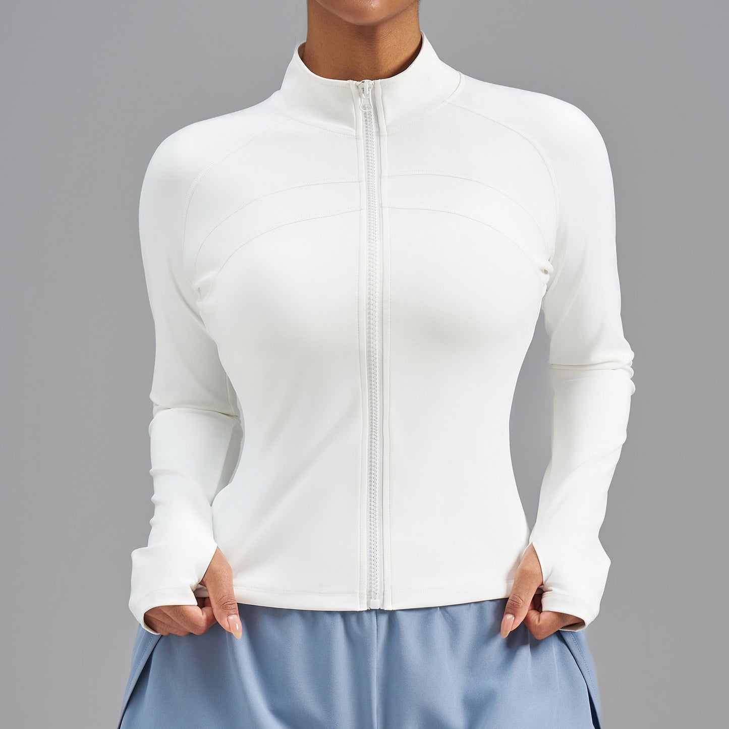 Plus Size Zip Up Sports Jacket, Stretch Slim Fit Yoga Top, Euro Size Figure-Flattering Long Sleeve Workout Coat for Women