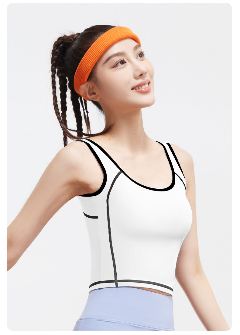 Peach Curve U-Neck Yoga Tank Top, High Stretch One-piece Fixed Cup Shockproof Push Up Color Block Sports Vest