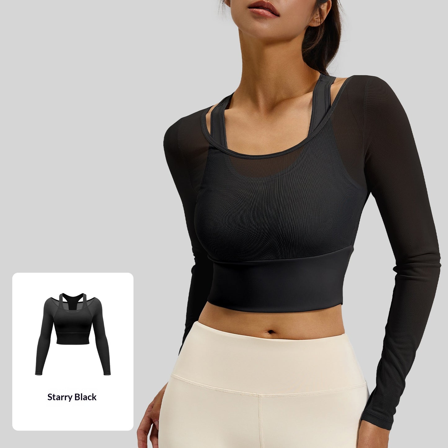 Women's Summer Long Sleeve Yoga Top, Mesh Fake Two-Piece Design, Slim Fit with Built-in Fixed Chest Pad, Workout & Fitness Shirt