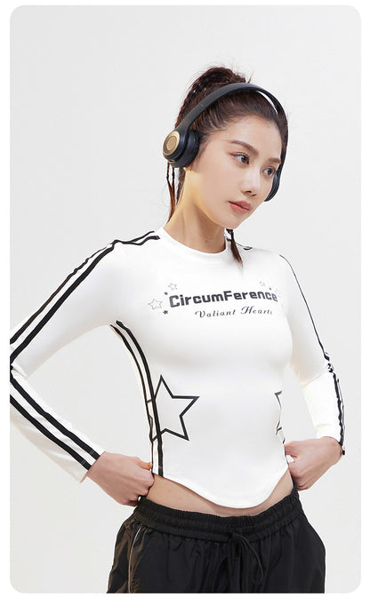 Women’s Ribbon Printed Crew Neck Long Sleeve Athletic Top, American Retro Ultra Soft Plush High Stretch Sports T-Shirt