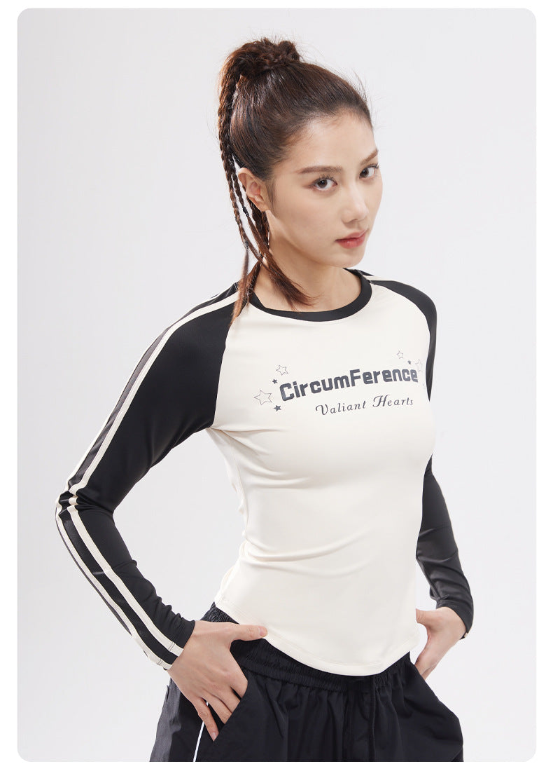 Women's Retro Crew Neck Long Sleeve Yoga Shirt, Letter Print Color Block Ribbon, High Stretch Slim Fit Top