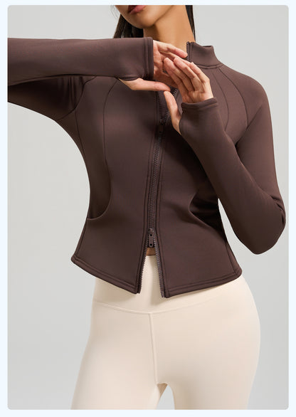 Peach Velvet Stand Collar Coat, Autumn Winter New Arrival, Fleece Lined Thickened Warm Yoga Jacket with Pockets
