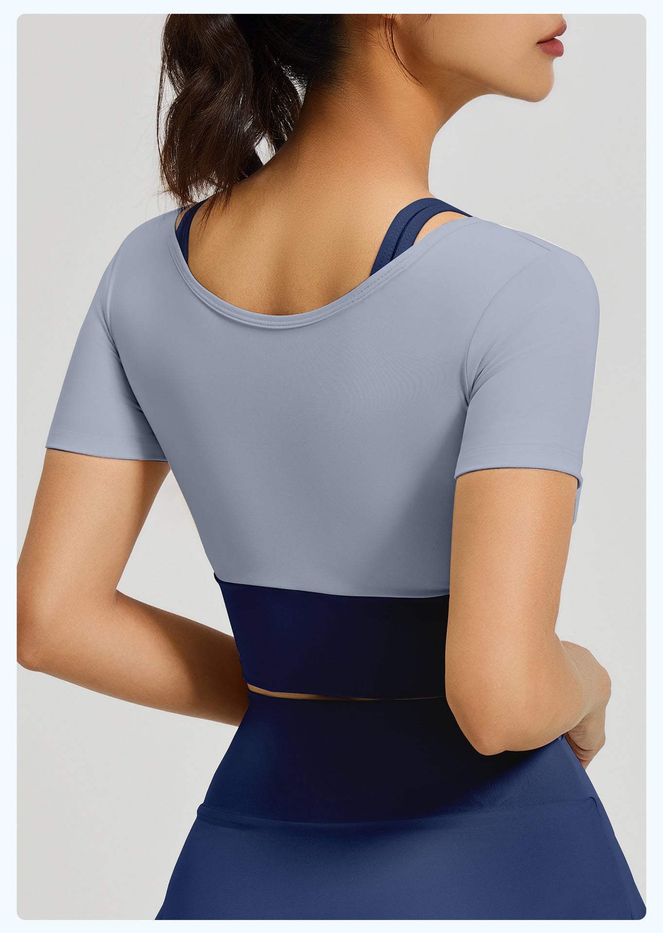 Women's Color Block Fake Two-Piece Yoga Short Sleeve, Breathable Shockproof Sports Top with Built-in Bra Pad, Fitness Workout Training Shirt
