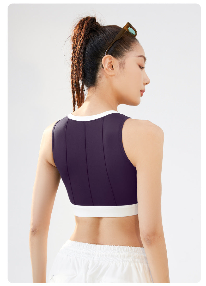 Vertical Striped Color Block Yoga Sports Bra for Women, High Impact Shockproof, Fixed Cups, Thin Padding