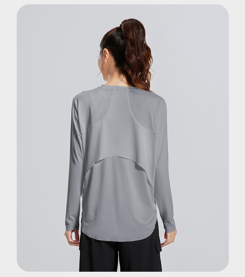 New Ice Silk Yoga Cover-Up, Round Neck, Loose Fit, Breathable & Versatile Long Sleeve Sports Yoga Shirt for Women