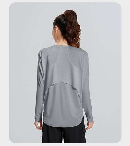 New Ice Silk Yoga Cover-Up, Round Neck, Loose Fit, Breathable & Versatile Long Sleeve Sports Yoga Shirt for Women