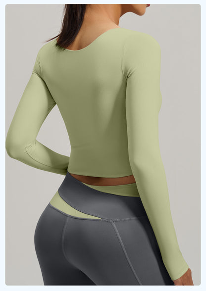 Women's Peach Color Block Long Sleeve Yoga Top, Naked Feel Slim Fit Sports Running Workout Shirt