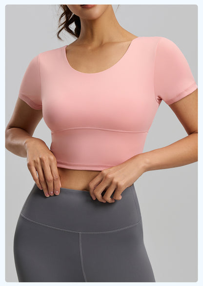 Women's Backless Beauty Yoga Short Sleeve, Naked Feel Slim Fit Sports Top with Built-in Pads, Stylish Workout Wear