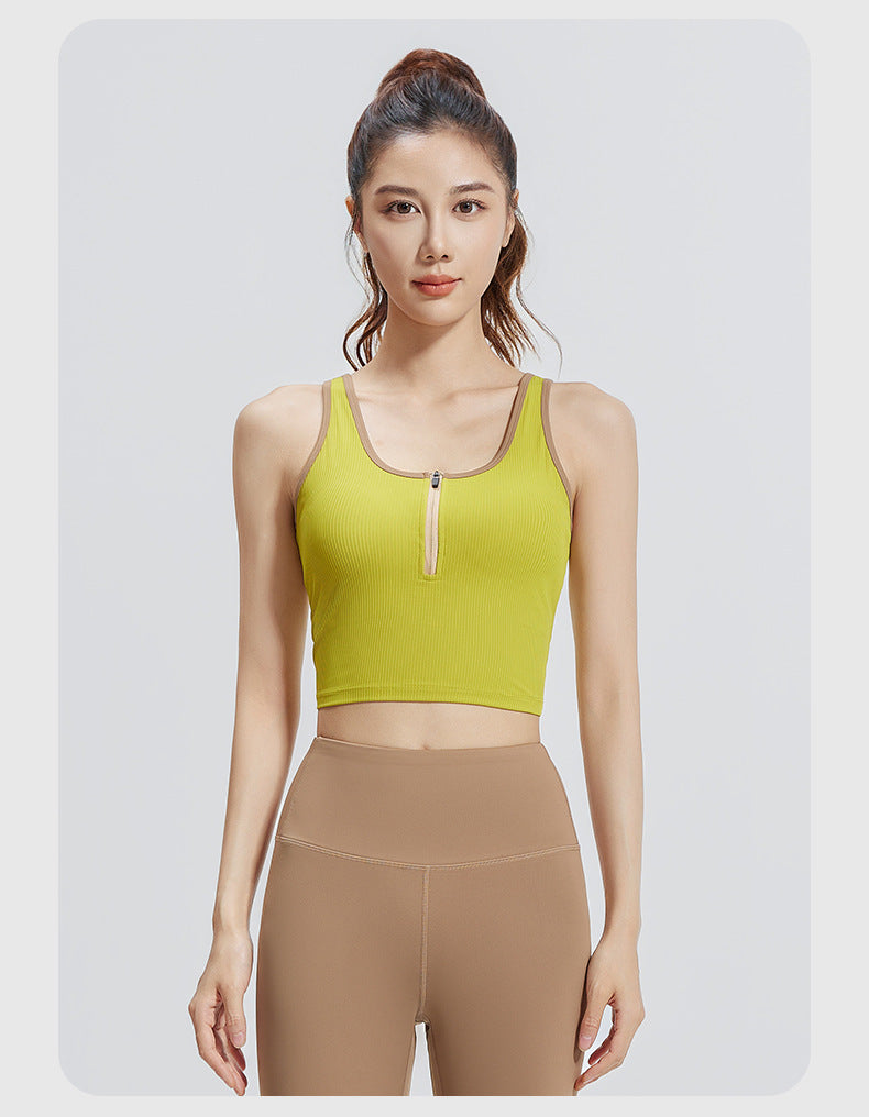 New Color-Block Zip-Up Striped Yoga Tank Top for Women, Slim Fit, Breathable, Built-in Fixed Chest Pad, Shock Absorption Sports Bra