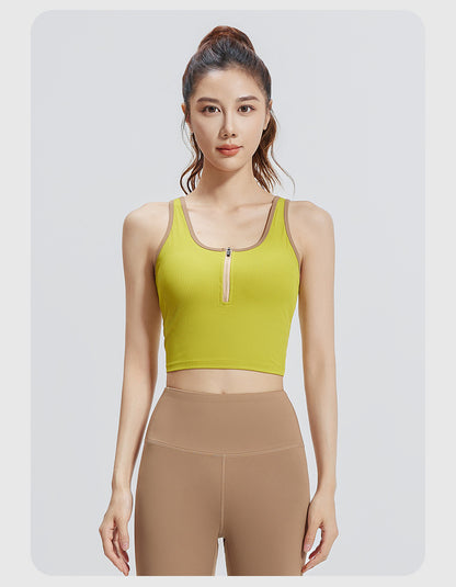 New Color-Block Zip-Up Striped Yoga Tank Top for Women, Slim Fit, Breathable, Built-in Fixed Chest Pad, Shock Absorption Sports Bra