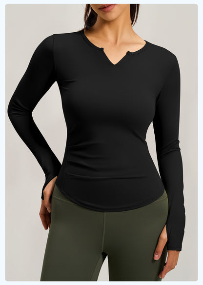 V-neck Long Sleeve Naked Feel Yoga Top, Ruched Waist Slim Fit Tight Sports Workout Shirt