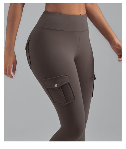 Brushed Cargo Pocket Yoga Pants, Women's Peach Hip Tight Quick Dry Butt Lifting Sports Fitness Leggings