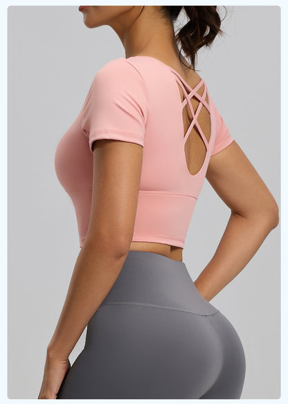 Women's Backless Beauty Yoga Short Sleeve, Naked Feel Slim Fit Sports Top with Built-in Pads, Stylish Workout Wear