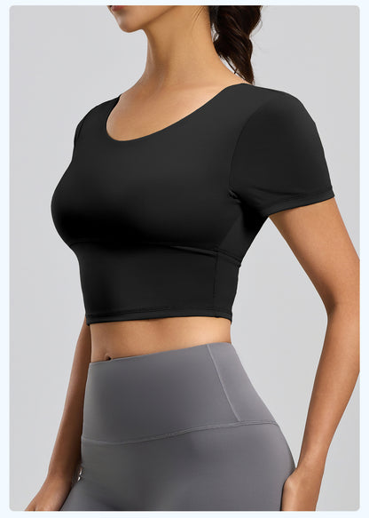 Women's Backless Beauty Yoga Short Sleeve, Naked Feel Slim Fit Sports Top with Built-in Pads, Stylish Workout Wear