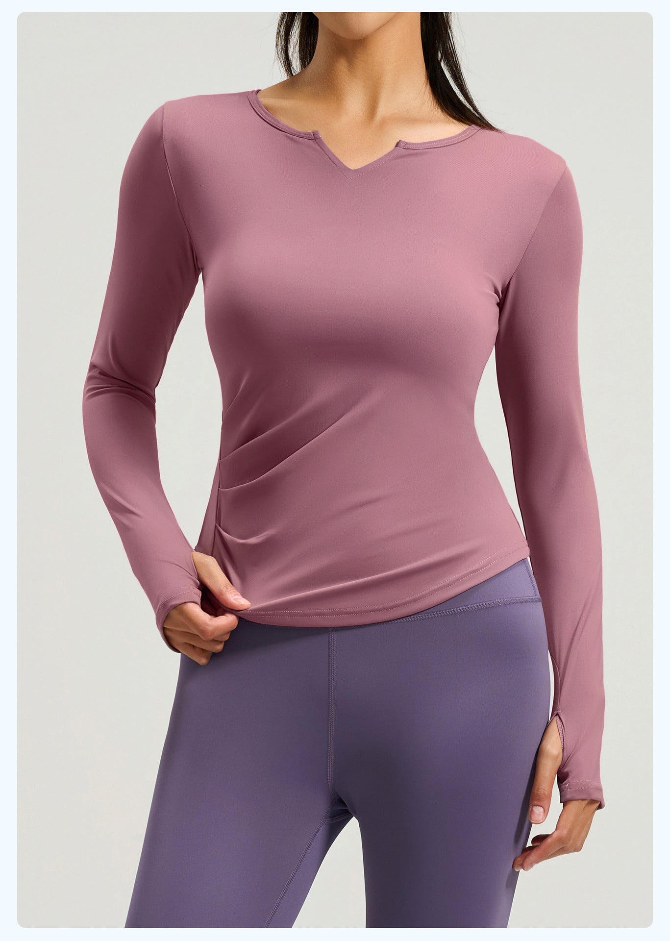 V-neck Long Sleeve Naked Feel Yoga Top, Ruched Waist Slim Fit Tight Sports Workout Shirt