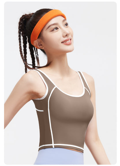 Peach Curve U-Neck Yoga Tank Top, High Stretch One-piece Fixed Cup Shockproof Push Up Color Block Sports Vest