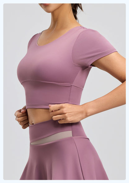 Women's Backless Beauty Yoga Short Sleeve, Naked Feel Slim Fit Sports Top with Built-in Pads, Stylish Workout Wear