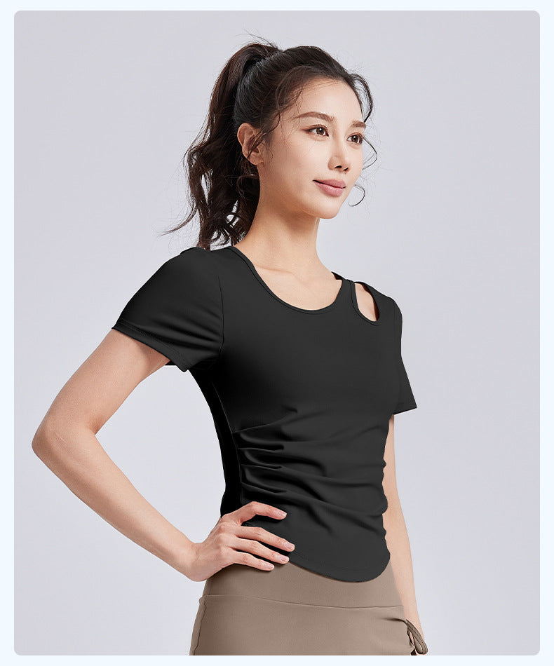 Women's Slimming Ruched Yoga Short Sleeve – Built-in One-Piece Cup Bra Pad, Summer Workout Fitness Top