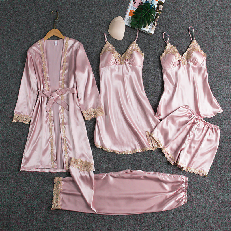 Girls' Battleship Spring/Summer sleepwear, Women's Sensual Five-Piece Silk Thin Nightgown with Padded Bra