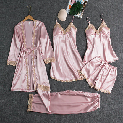 Girls' Battleship Spring/Summer sleepwear, Women's Sensual Five-Piece Silk Thin Nightgown with Padded Bra