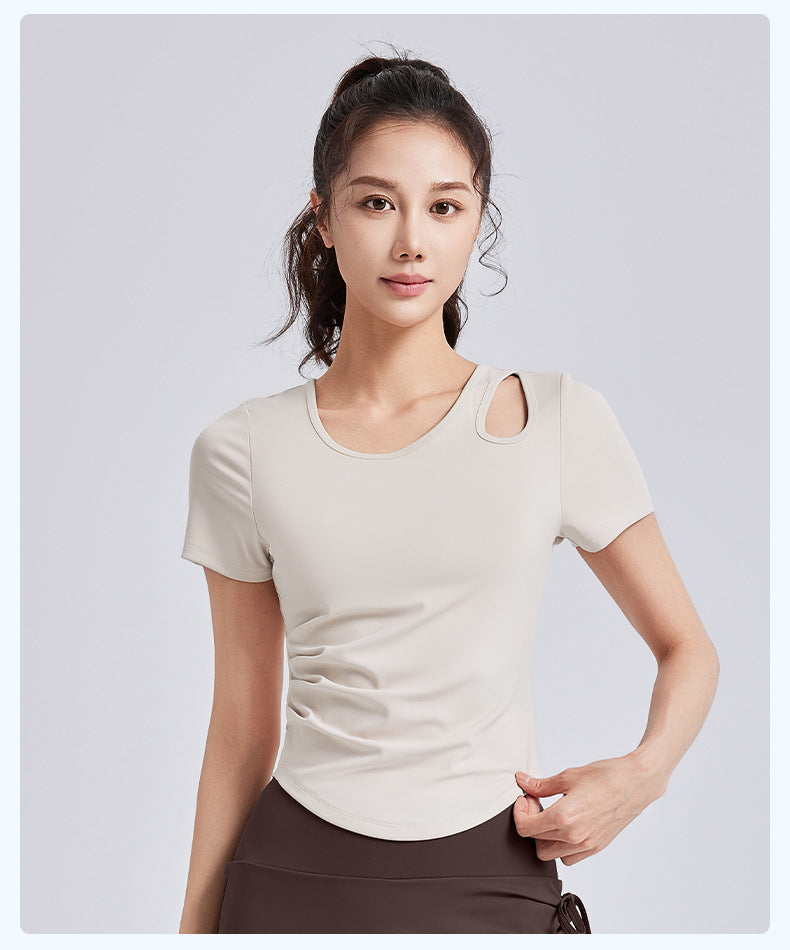 Women's Slimming Ruched Yoga Short Sleeve – Built-in One-Piece Cup Bra Pad, Summer Workout Fitness Top