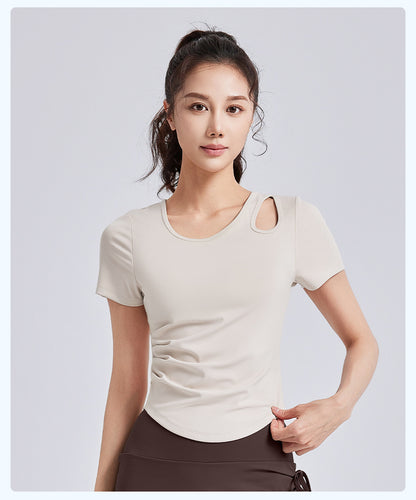 Women's Slimming Ruched Yoga Short Sleeve – Built-in One-Piece Cup Bra Pad, Summer Workout Fitness Top