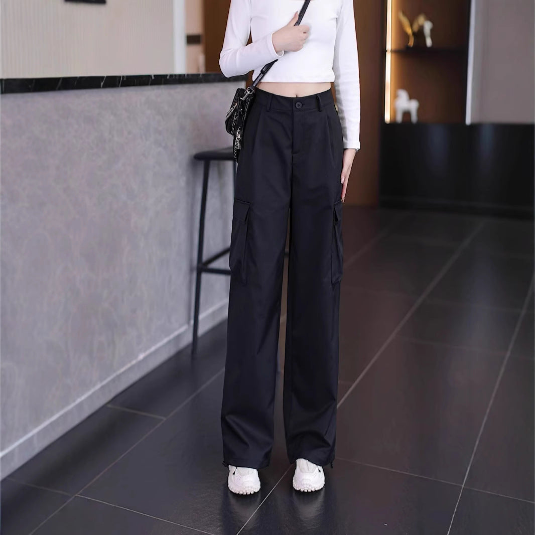 Women's multi-pocket cargo casual pants, spring and summer street style, loose pleated straight leg, versatile long pants, wide leg, casual and fashionable