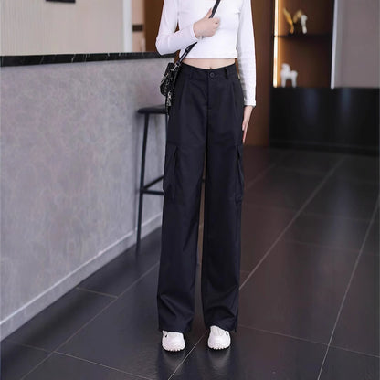Women's multi-pocket cargo casual pants, spring and summer street style, loose pleated straight leg, versatile long pants, wide leg, casual and fashionable