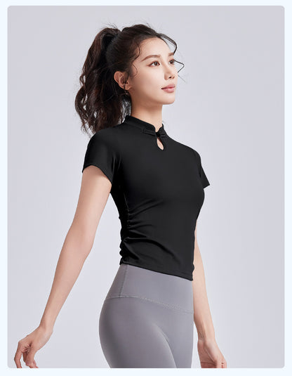 New Chinese Style Yoga Short Sleeve for Women, Frog Button Traditional Sports Top, Summer Chinese-Chic Yoga Wear