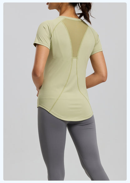 Women's Mesh Yoga Short Sleeve T-Shirt, Breathable Lightweight Fitness Athletic Top, Bust Enhancing & Body Shaping Stretch Sports Tee for Gym, Running & Daily Workout