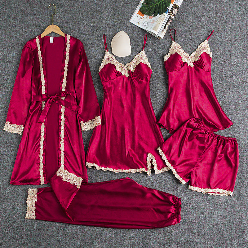 Girls' Battleship Spring/Summer sleepwear, Women's Sensual Five-Piece Silk Thin Nightgown with Padded Bra