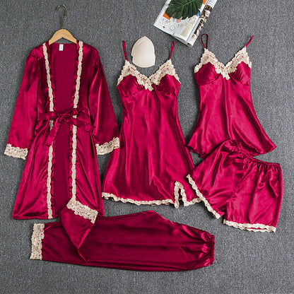 Girls' Battleship Spring/Summer sleepwear, Women's Sensual Five-Piece Silk Thin Nightgown with Padded Bra
