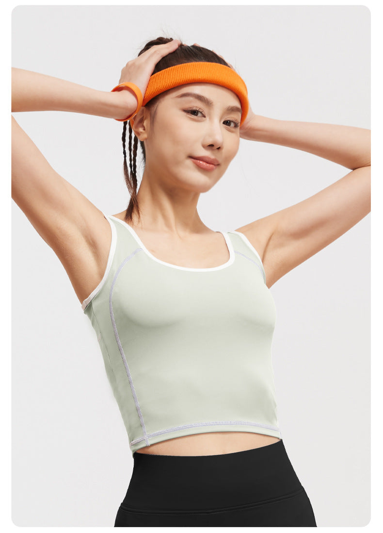 Peach Curve U-Neck Yoga Tank Top, High Stretch One-piece Fixed Cup Shockproof Push Up Color Block Sports Vest