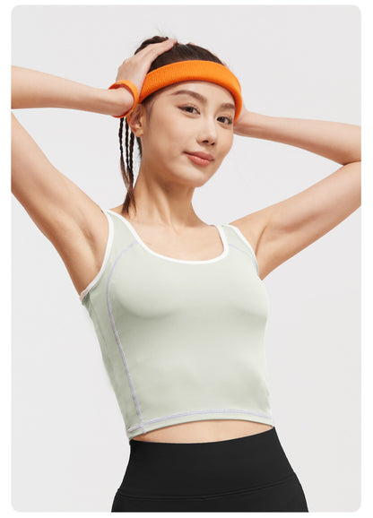 Peach Curve U-Neck Yoga Tank Top, High Stretch One-piece Fixed Cup Shockproof Push Up Color Block Sports Vest