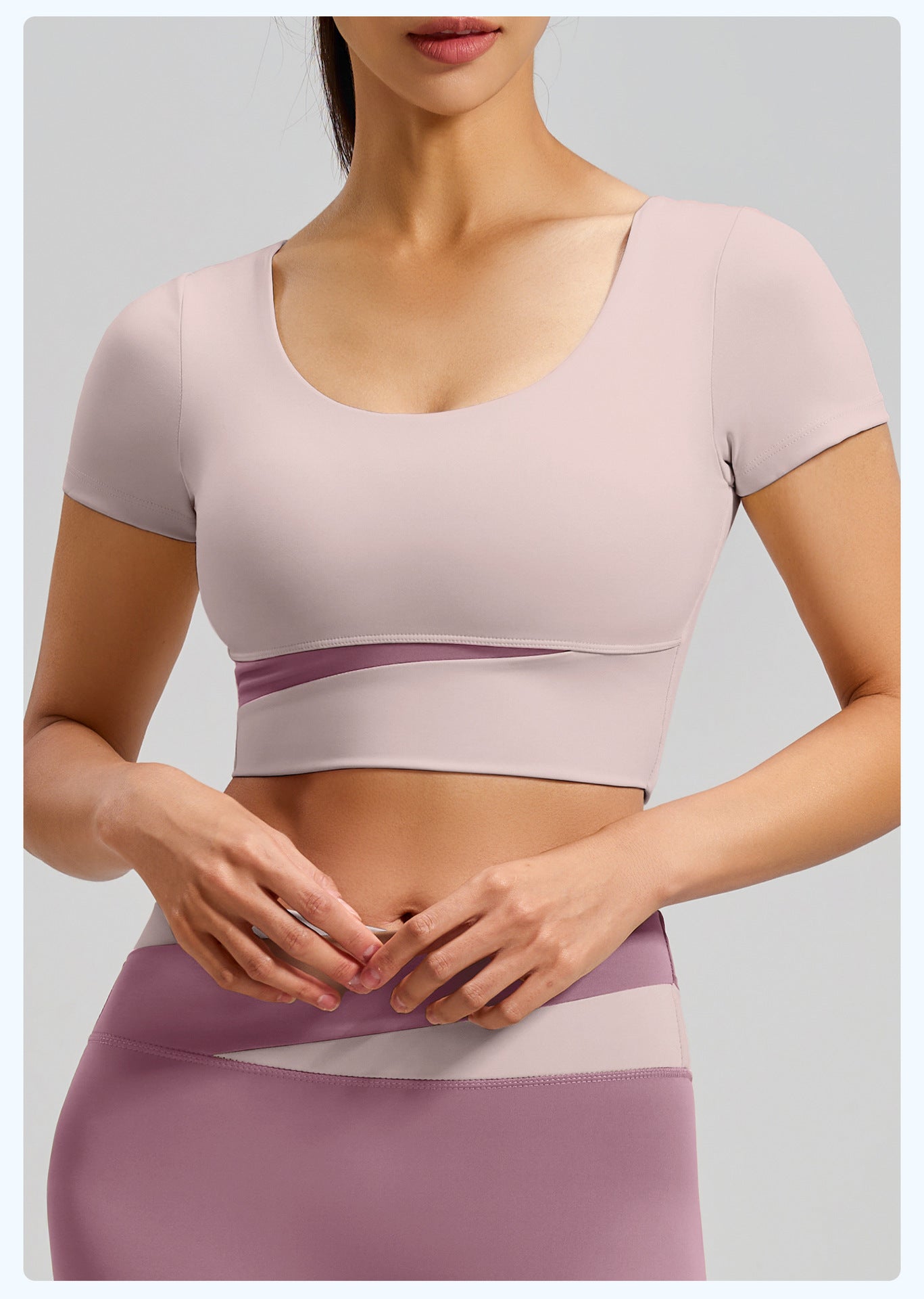 Women's Color Block Yoga Short Sleeve, Slim Fit Workout Top with Built-in Bra