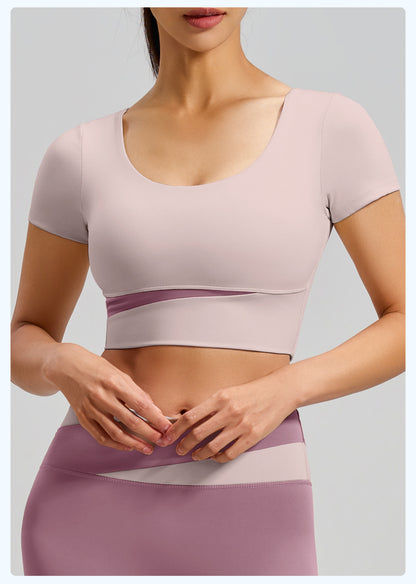 Women's Color Block Yoga Short Sleeve, Slim Fit Workout Top with Built-in Bra