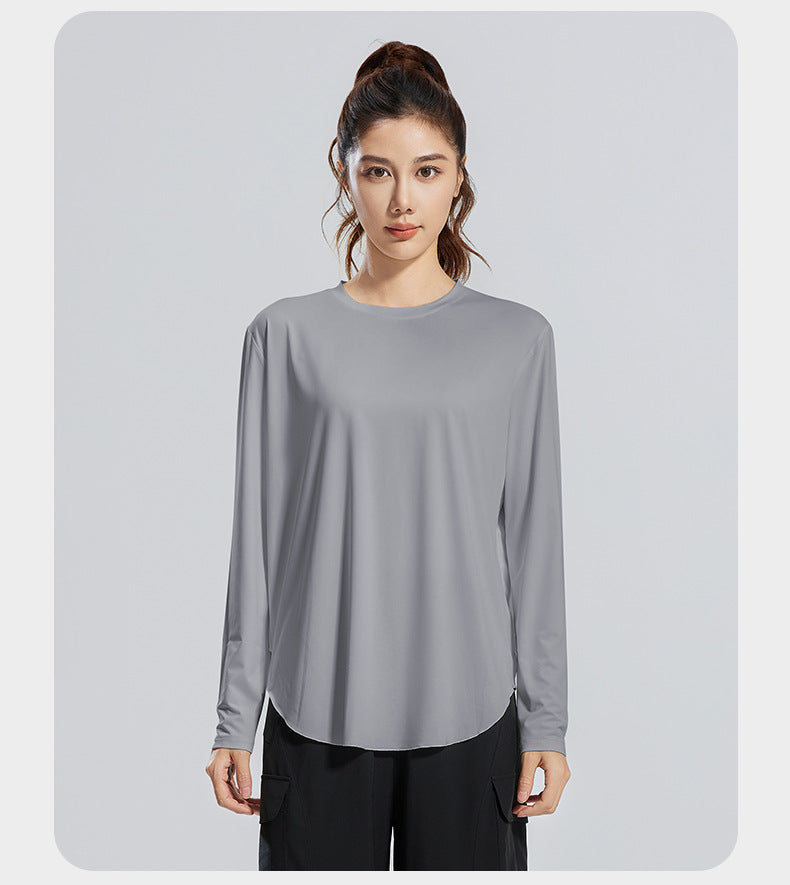 New Ice Silk Yoga Cover-Up, Round Neck, Loose Fit, Breathable & Versatile Long Sleeve Sports Yoga Shirt for Women
